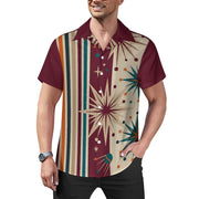 Short Sleeve Cuban Collar Shirt(All-Over Printing) bowling retro starburst lines burgundy beige teal orange