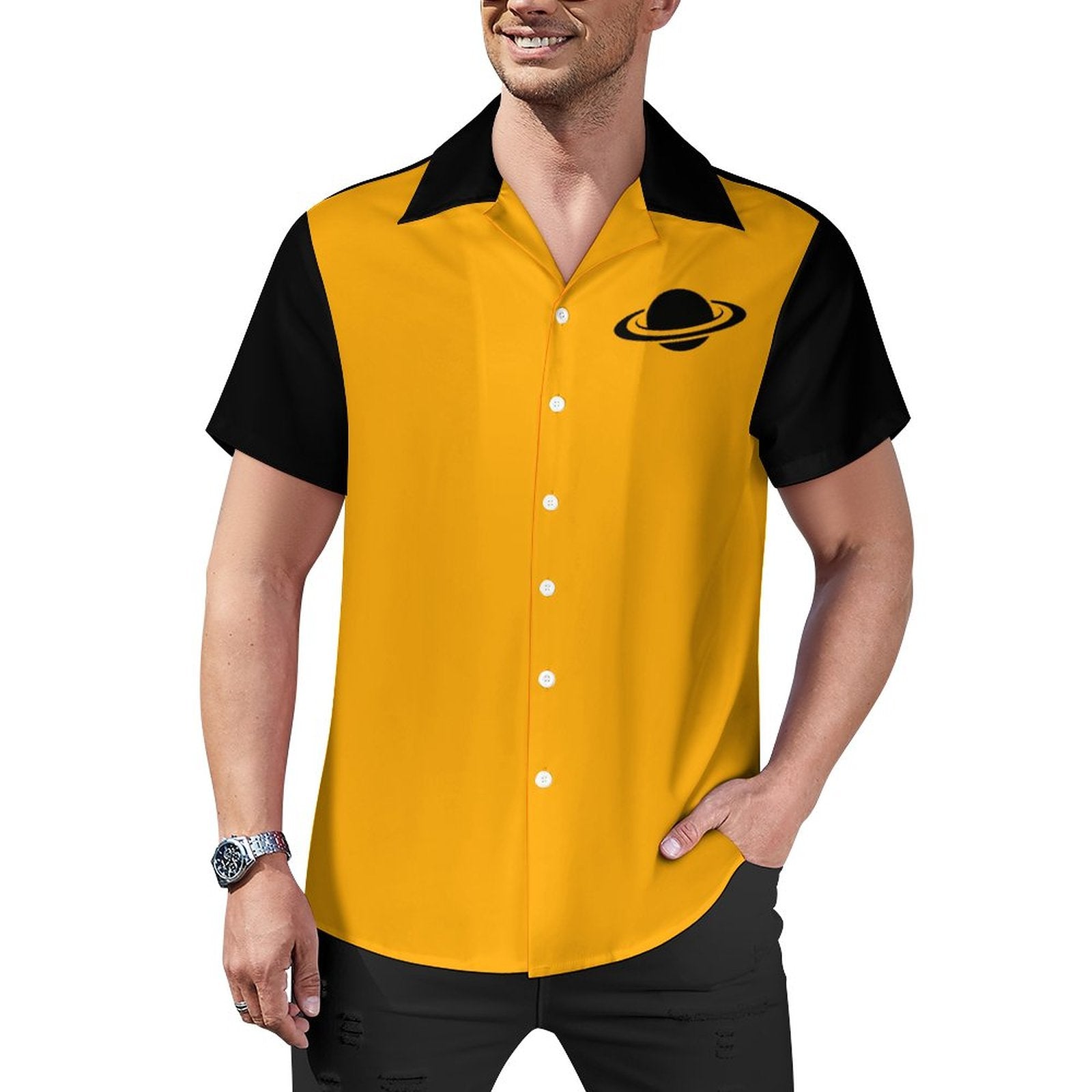 Short Sleeve Cuban Collar Shirt(All-Over Printing) gold saturn