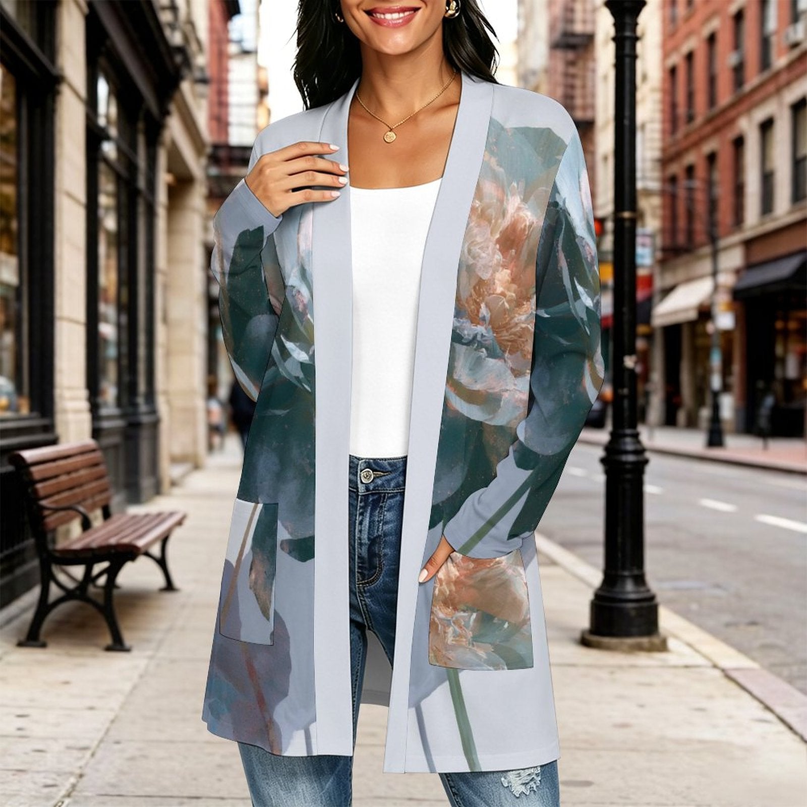 180gsm Women's Long Sleeve Cardigan With Pockets(All-Over Printing) light blue and orange floral