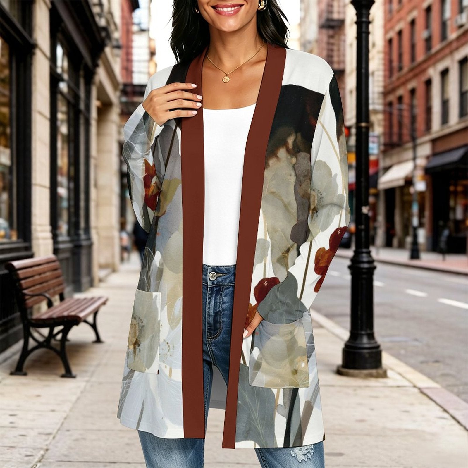 180gsm Women's Long Sleeve Cardigan With Pockets(All-Over Printing) dark red and white floral