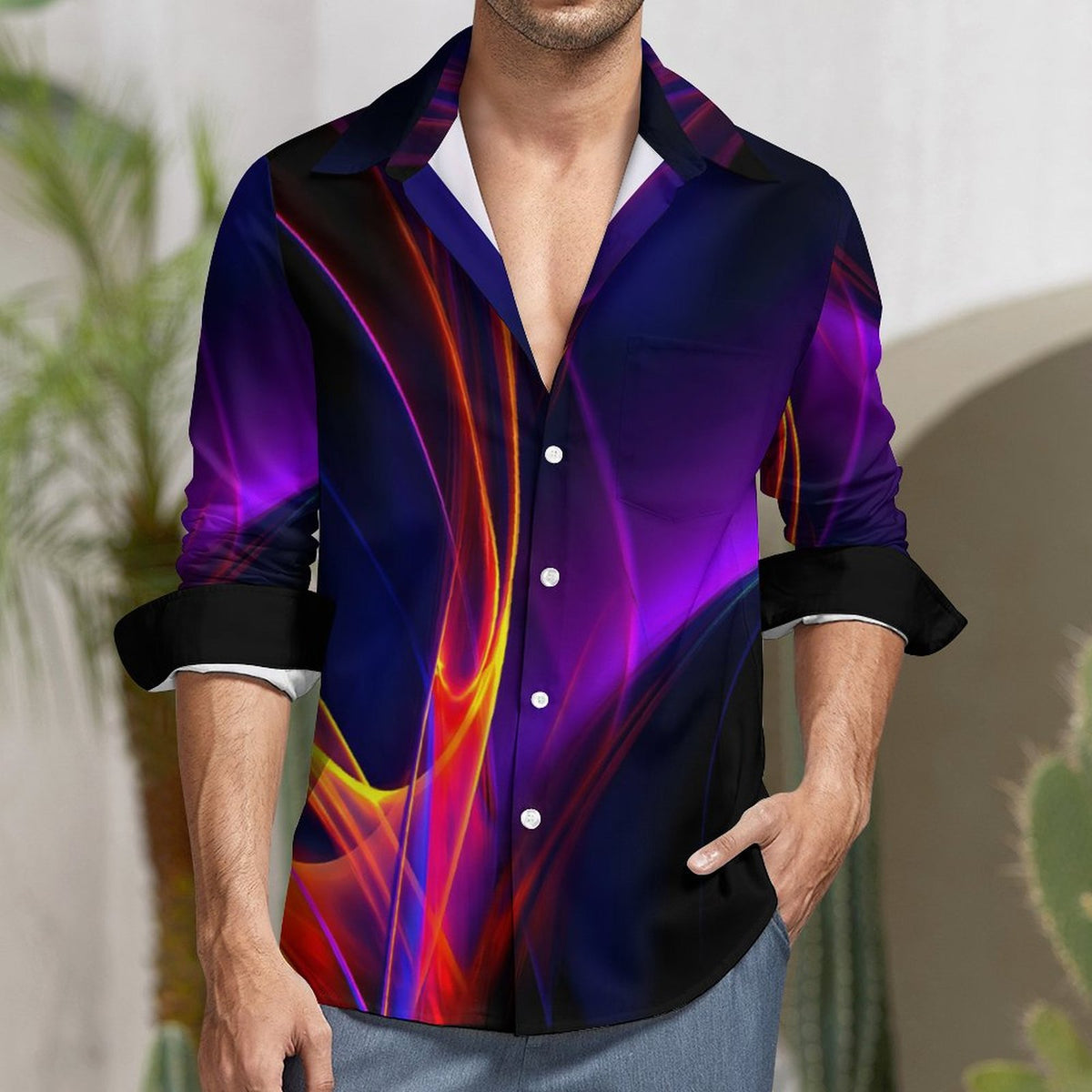 Faux Linen Men Long Sleeve Shirt with Pocket(All-Over Printing)