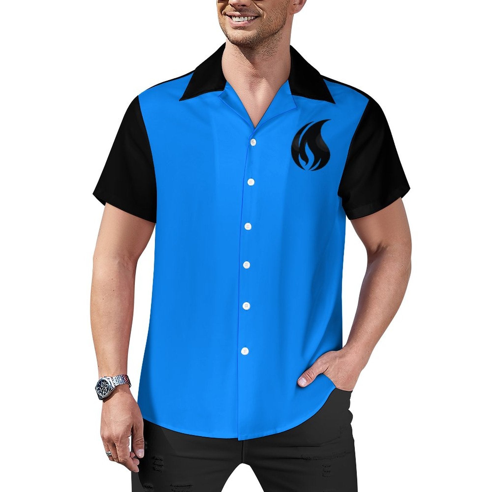 Short Sleeve Cuban Collar Shirt(All-Over Printing) blue bowling shirt