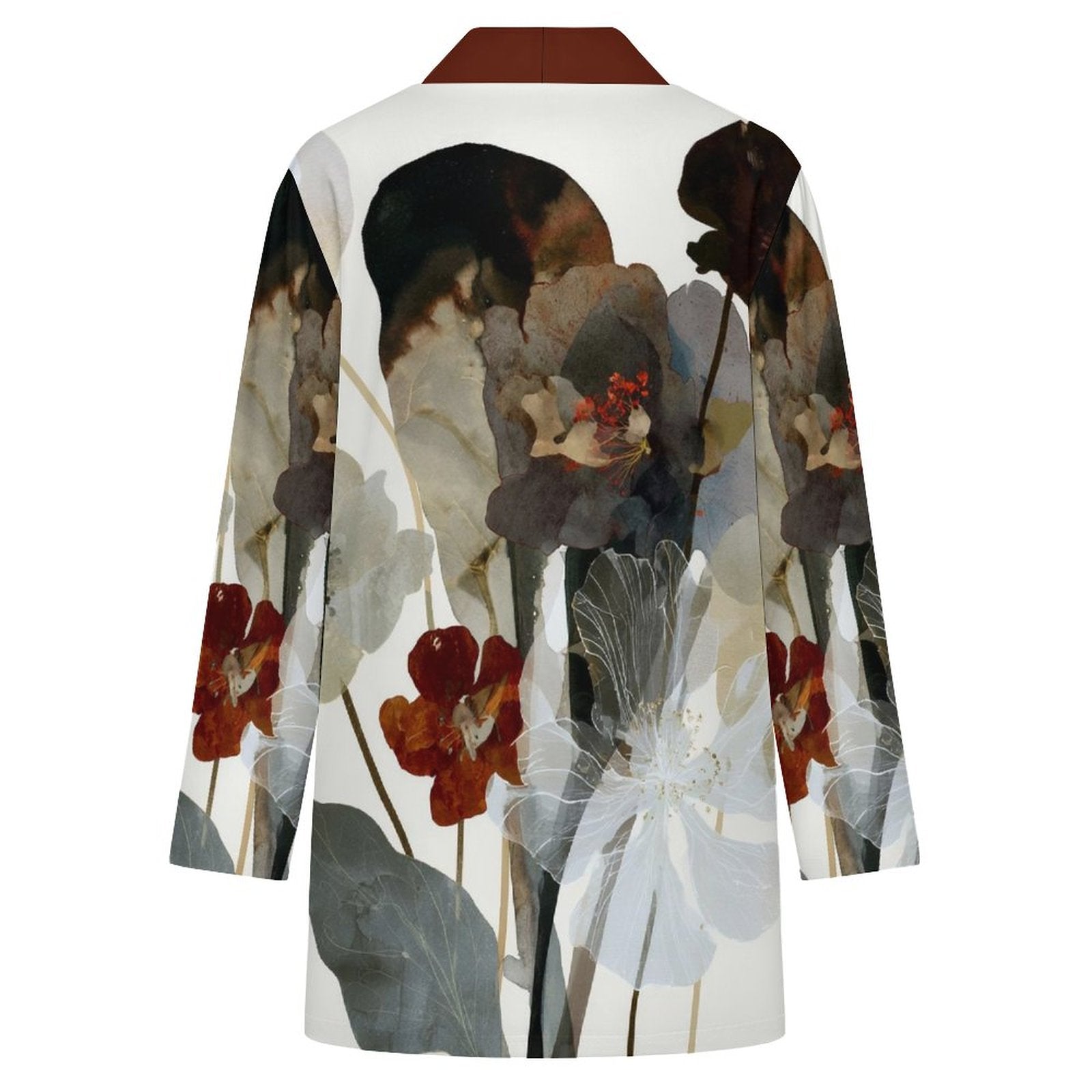 180gsm Women's Long Sleeve Cardigan With Pockets(All-Over Printing) dark red and white floral