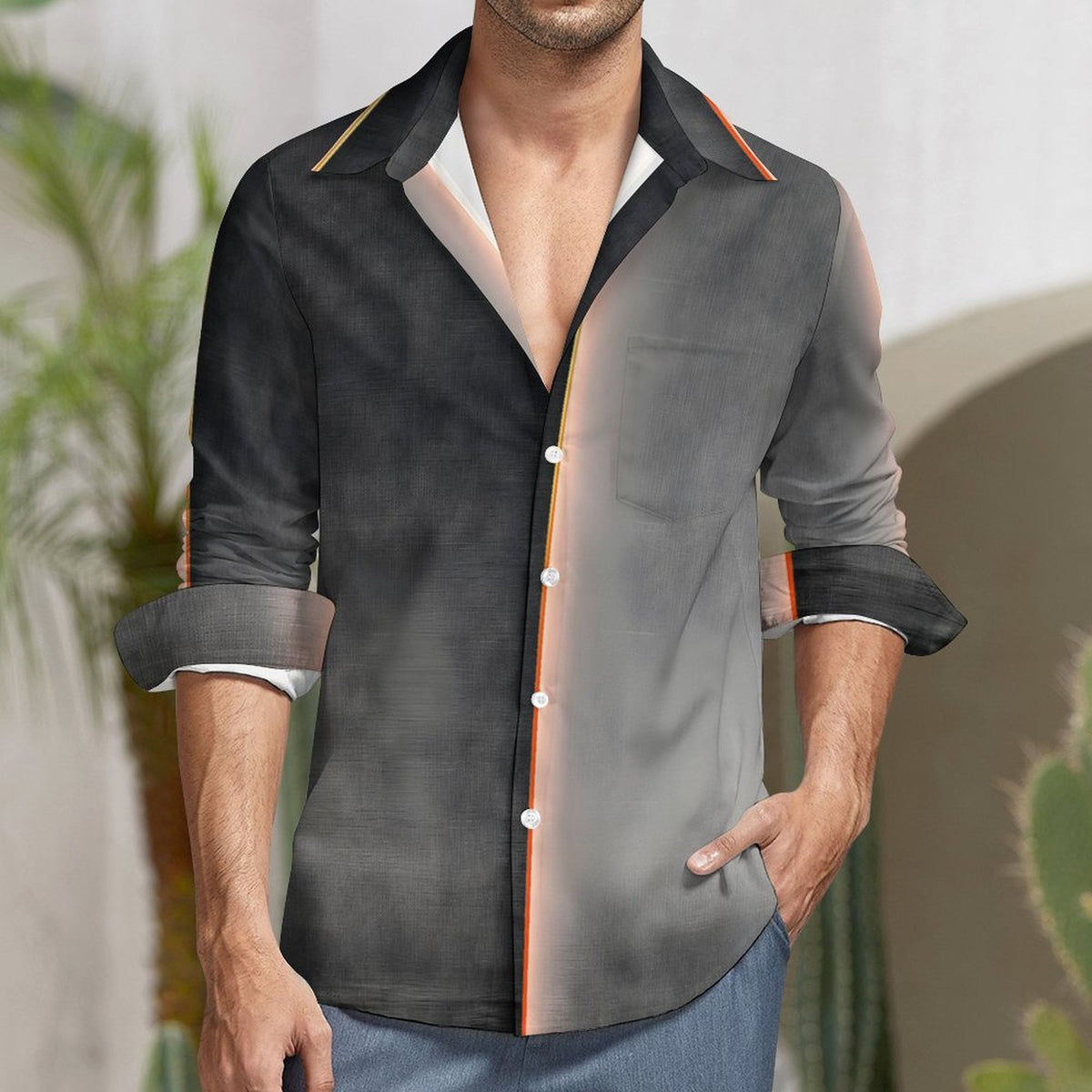 Faux Linen Men Long Sleeve Shirt with Pocket(All-Over Printing)