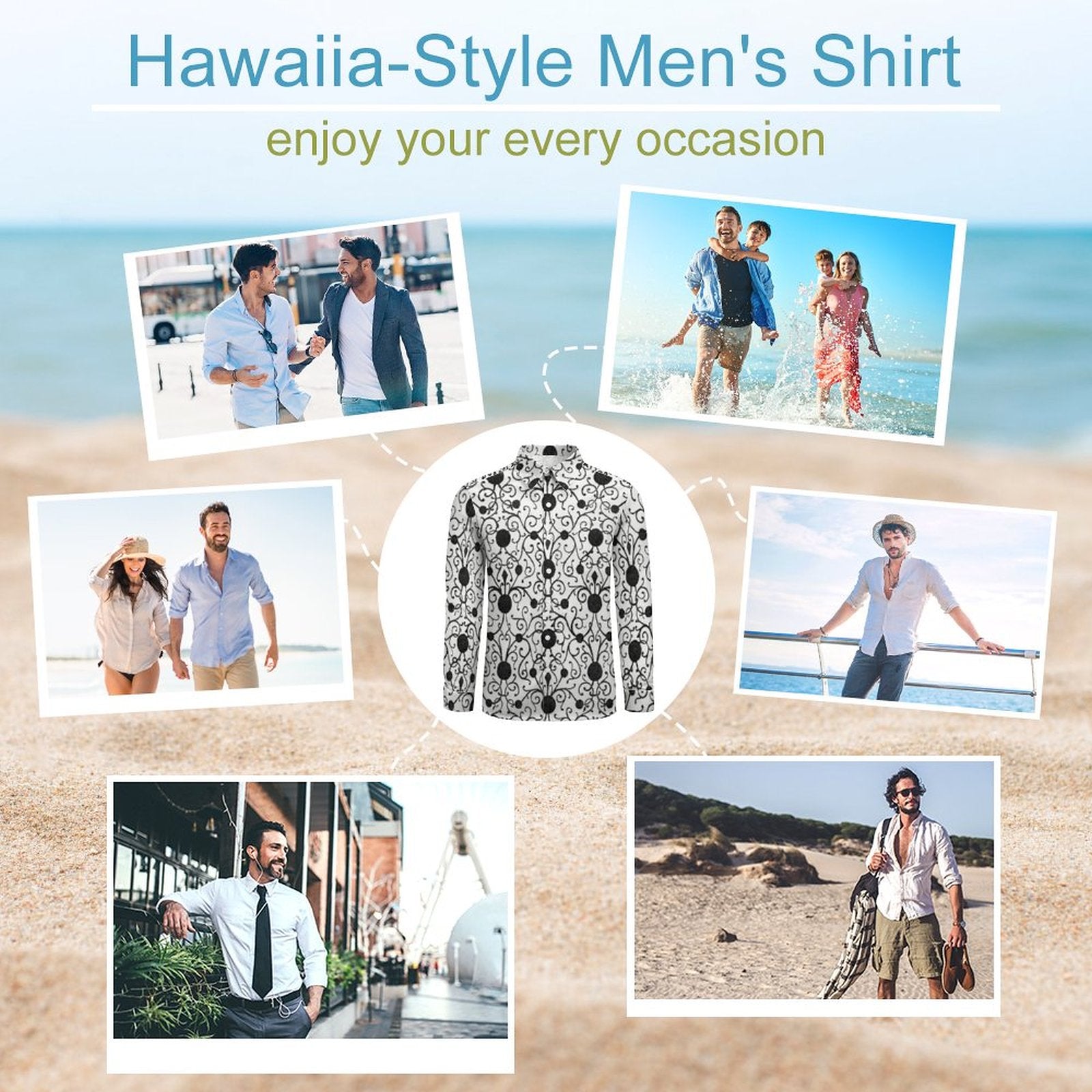 135gsm Casual Long-Sleeve Shirt for Men(All-Over Printing) Mediterranean pattern black and white