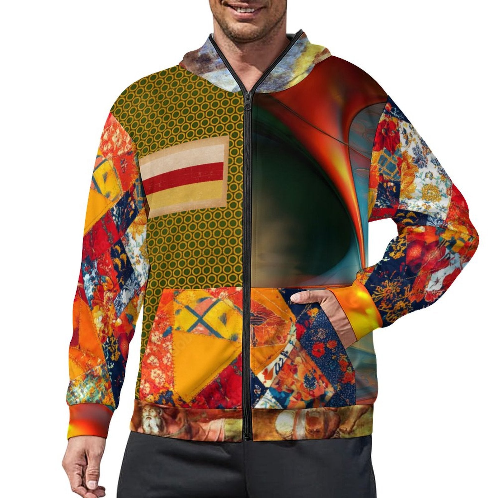 280gsm Full Zip Hoodie For Men(All-Over Printing)bright multicolor patchwork