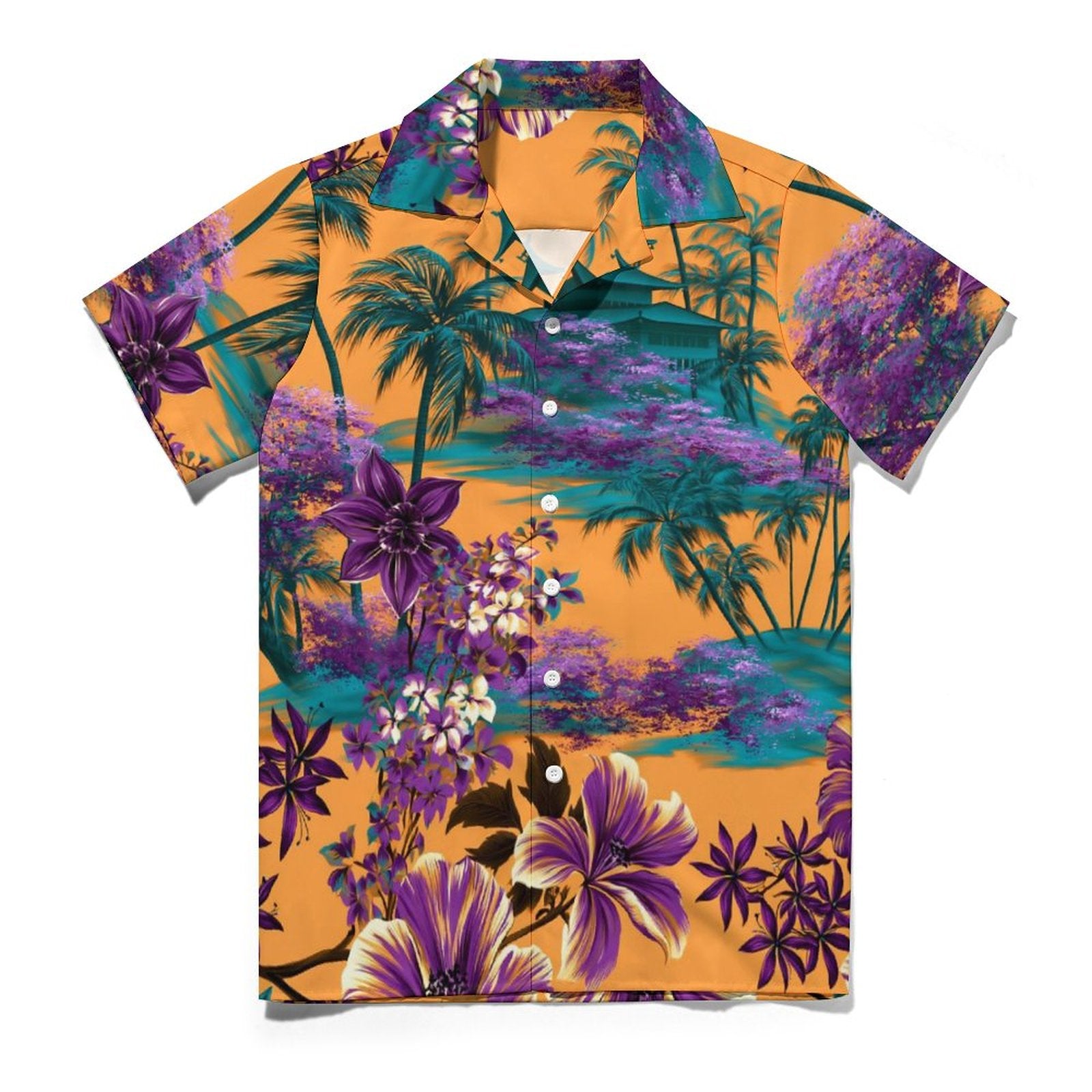 Short Sleeve Cuban Collar Shirt(All-Over Printing) Hawaiian orange, purple