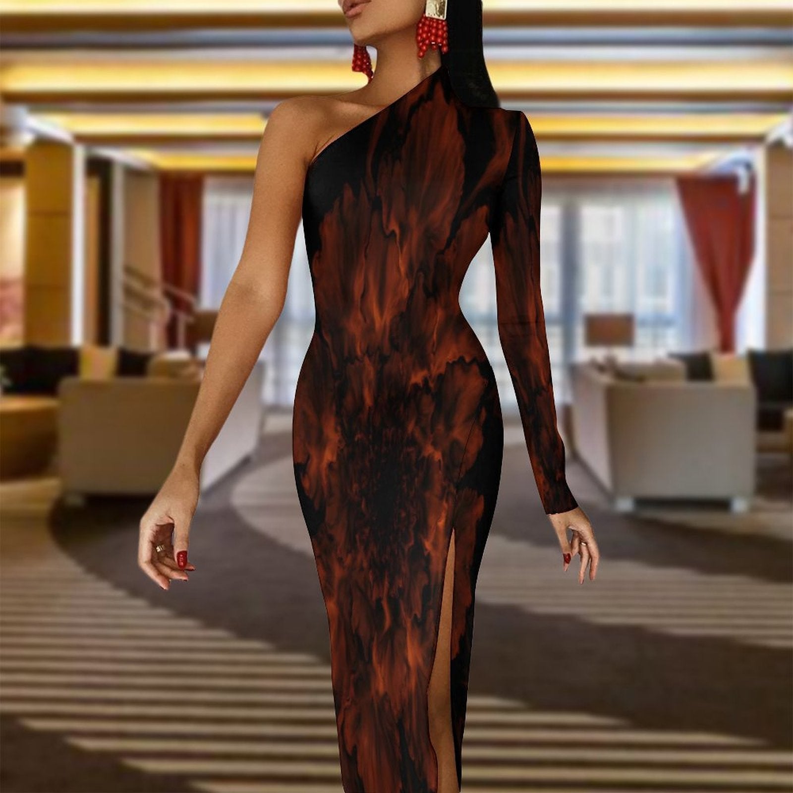 One Shoulder Split Dress(All-Over Printing) elegant fire orange red black
