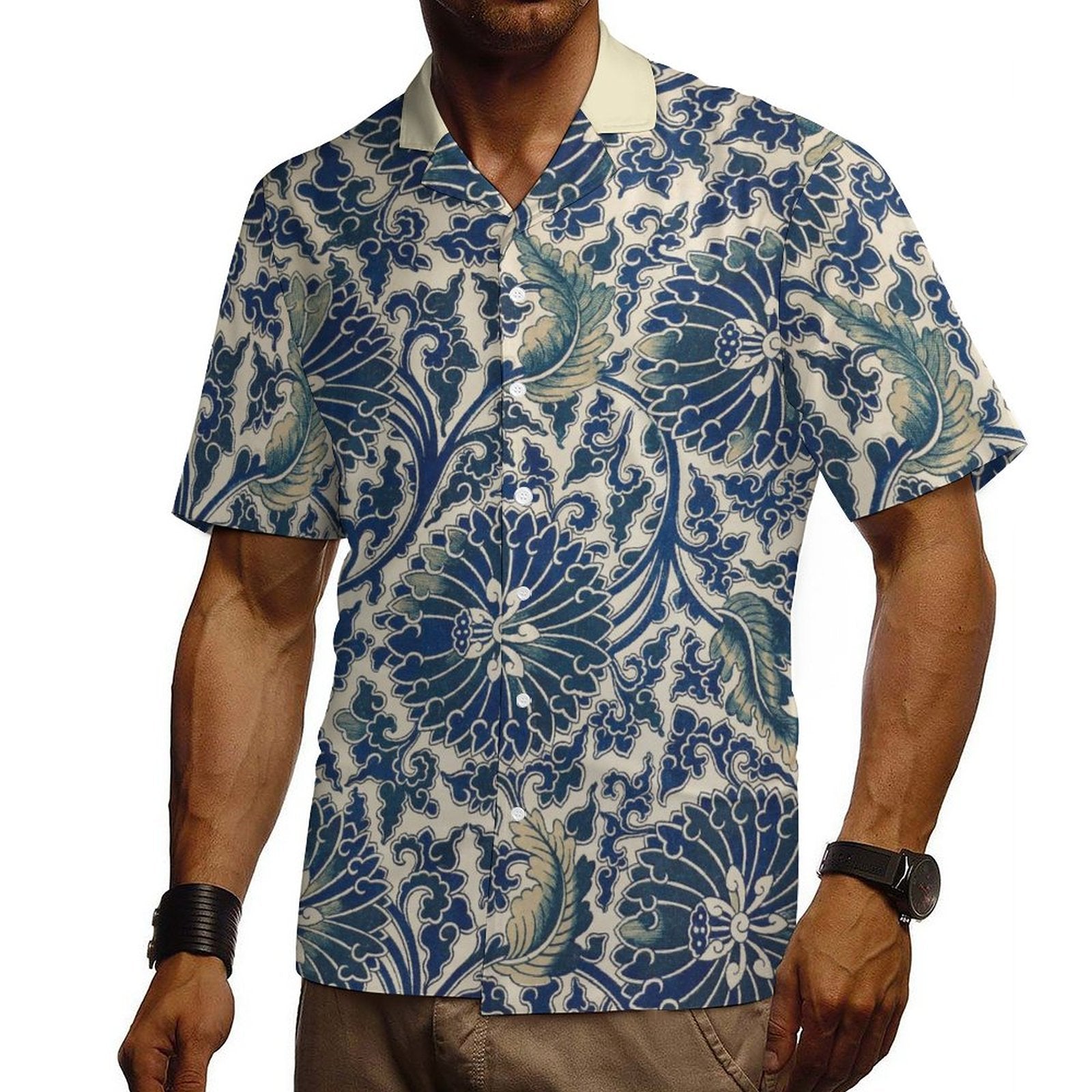 Men's Short Sleeve Hawaiian Print Shirt with Cuban Collar(All-Over Printing) Blue pattern