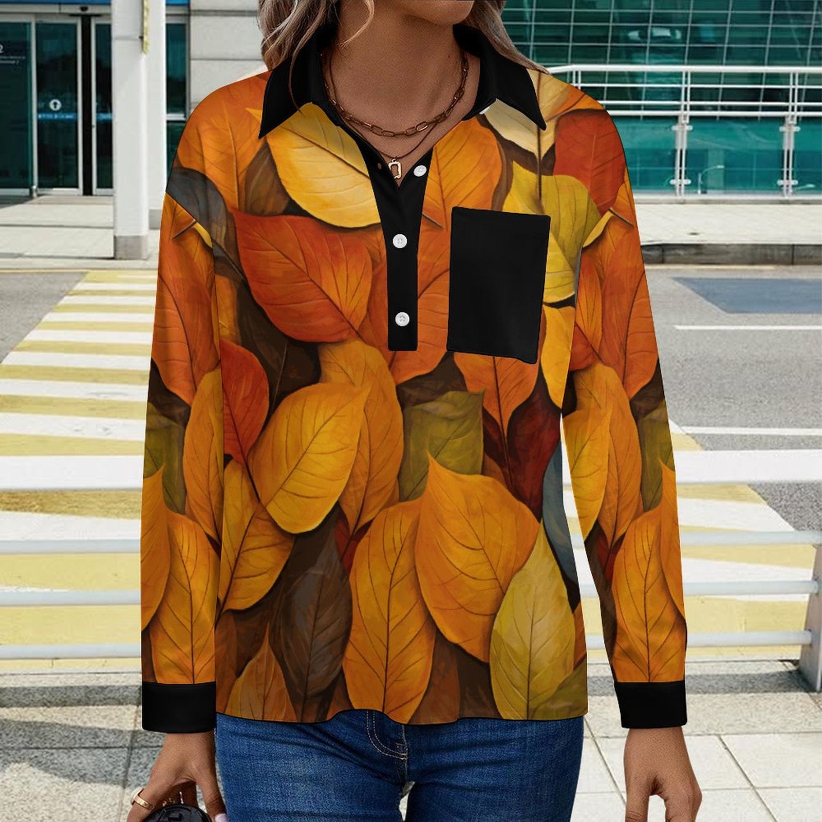 180gsm Women's Drop Shoulder Shirt(All-Over Printing) Autumn Leaves long sleeve