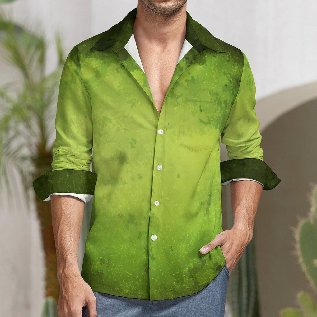 Faux Linen Men Long Sleeve Shirt with Pocket(All-Over Printing)