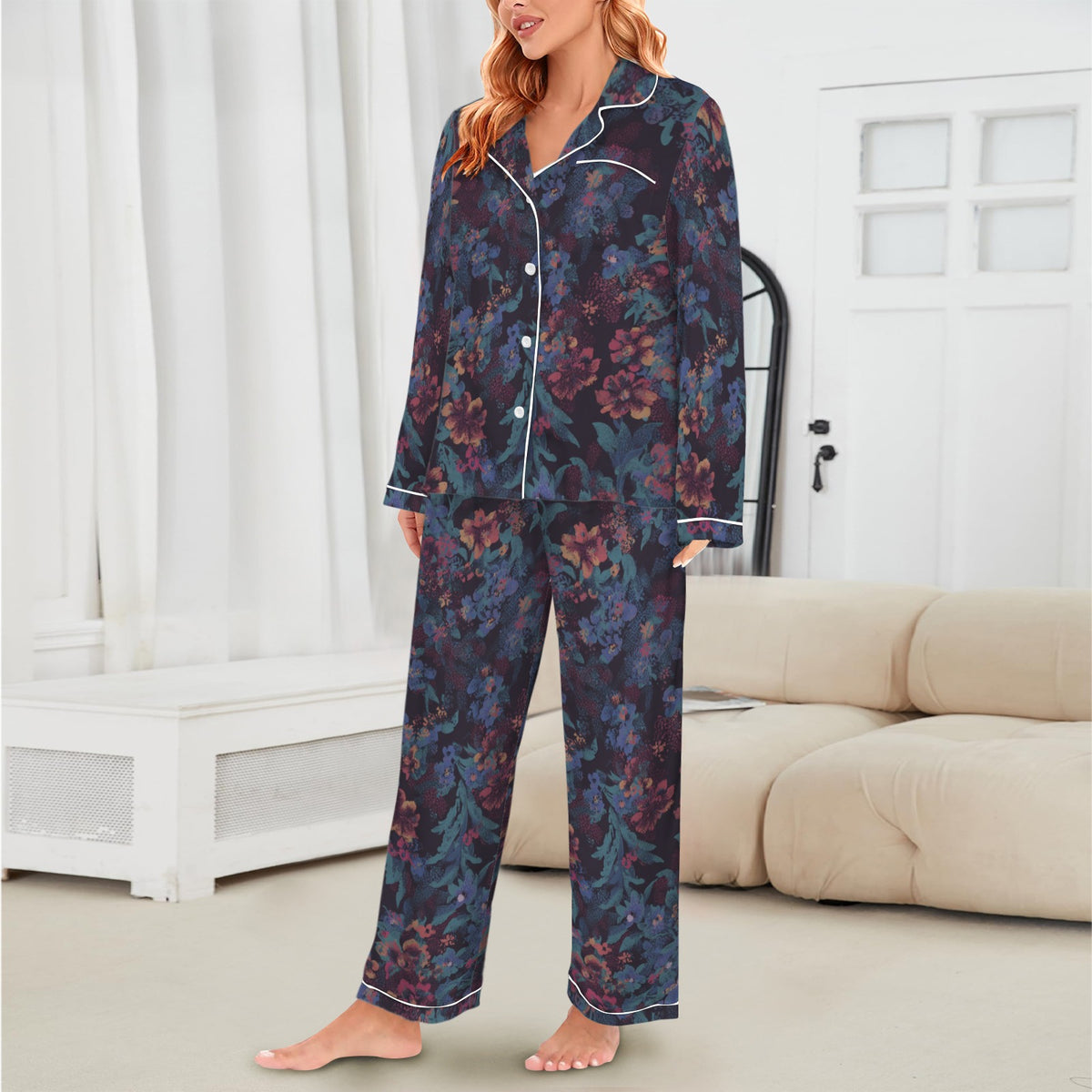 Women's Floral Vintage Maroon Satin Pajama Set