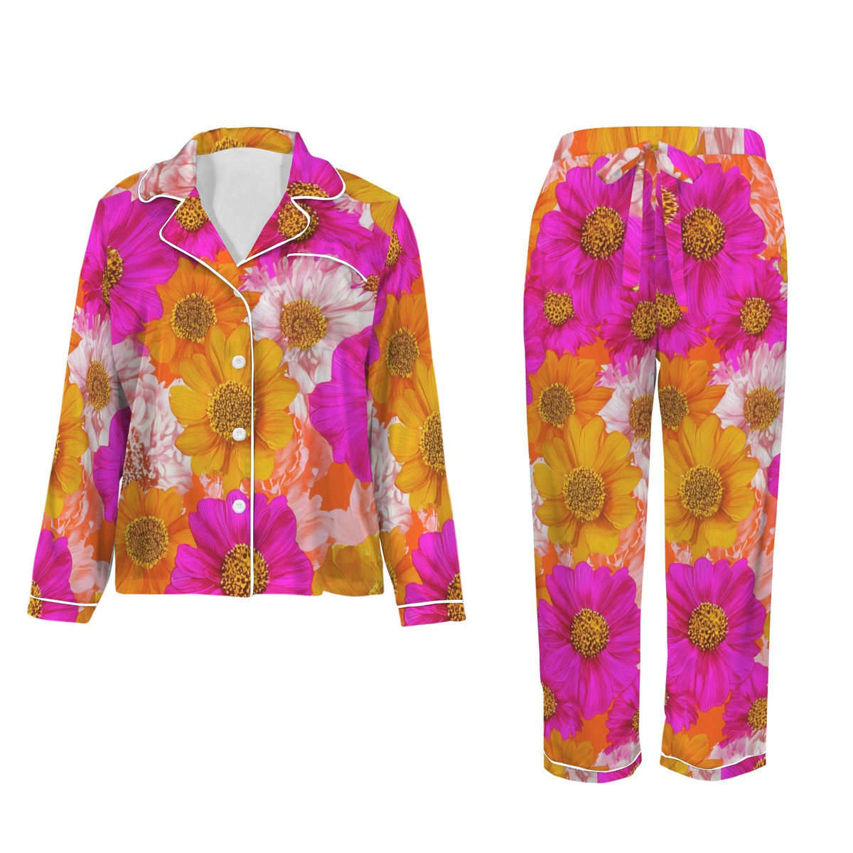 Women’s Satin Pajama Set Floral Long Sleeve Sleepwear Set