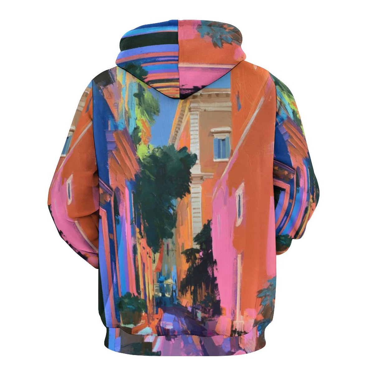 A pullover hoodie shown from the back, featuring a vibrant, multicolored artistic print of a European street scene with orange buildings, pink walls, green trees, and blue sky.