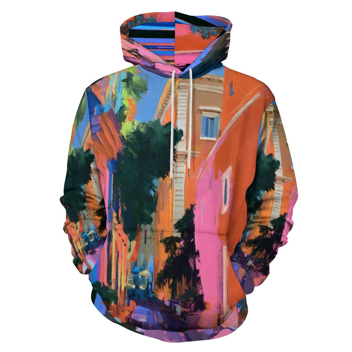 A pullover hoodie featuring an all-over abstract cityscape print with vibrant orange, pink, blue, green, and purple tones, shown on a plain white background.