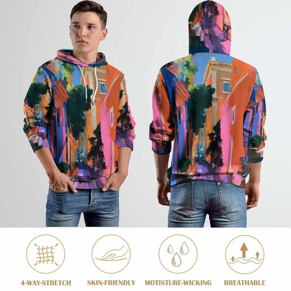 A man modeling a colorful hooded sweatshirt shown from both front and back views against a light gray background, with four feature icons along the bottom reading 4-WAY-STRETCH, SKIN-FRIENDLY, MOTURE-WICKING, and BREATHABLE.