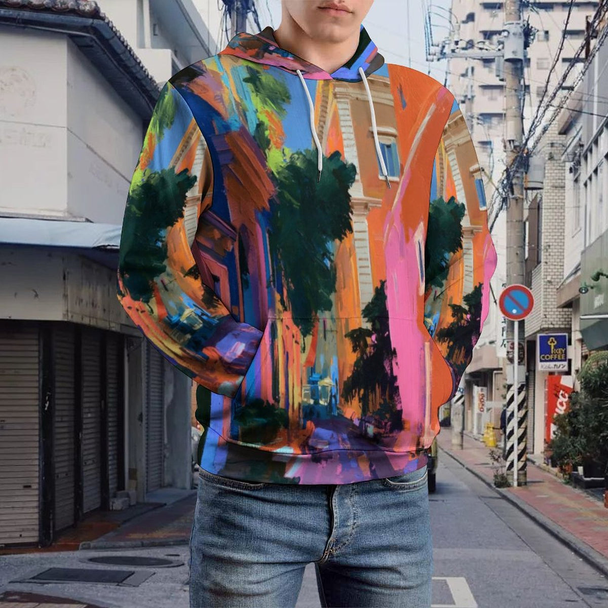 A person wearing a colorful pullover hoodie with an abstract cityscape print in orange, blue, pink, green, and purple, paired with blue jeans, standing on a city street.