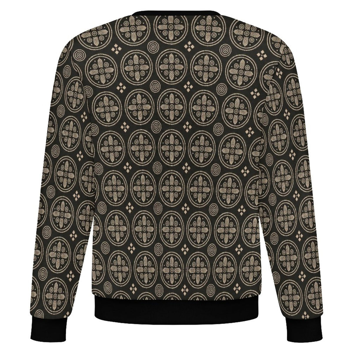 A long-sleeve crewneck sweatshirt shown from the back, featuring an all-over repeating circular medallion pattern in beige and black, with solid black ribbed cuffs and hem.