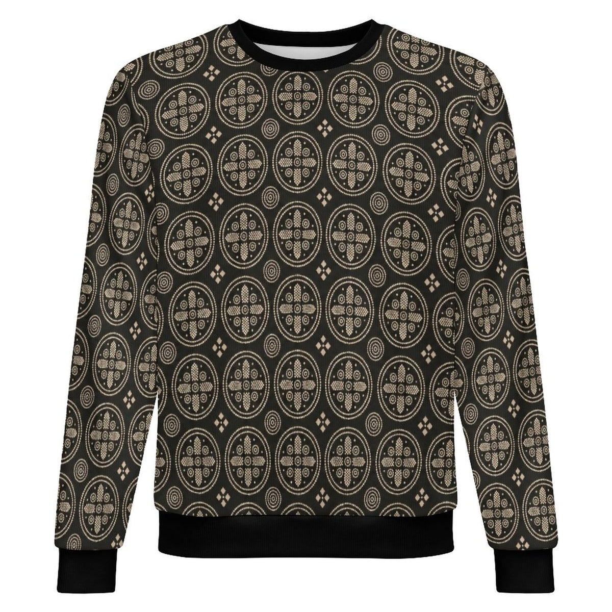 A crewneck sweatshirt featuring an all-over repeating geometric circular pattern in beige and brown on a black background, with solid black ribbed cuffs, collar, and hem.