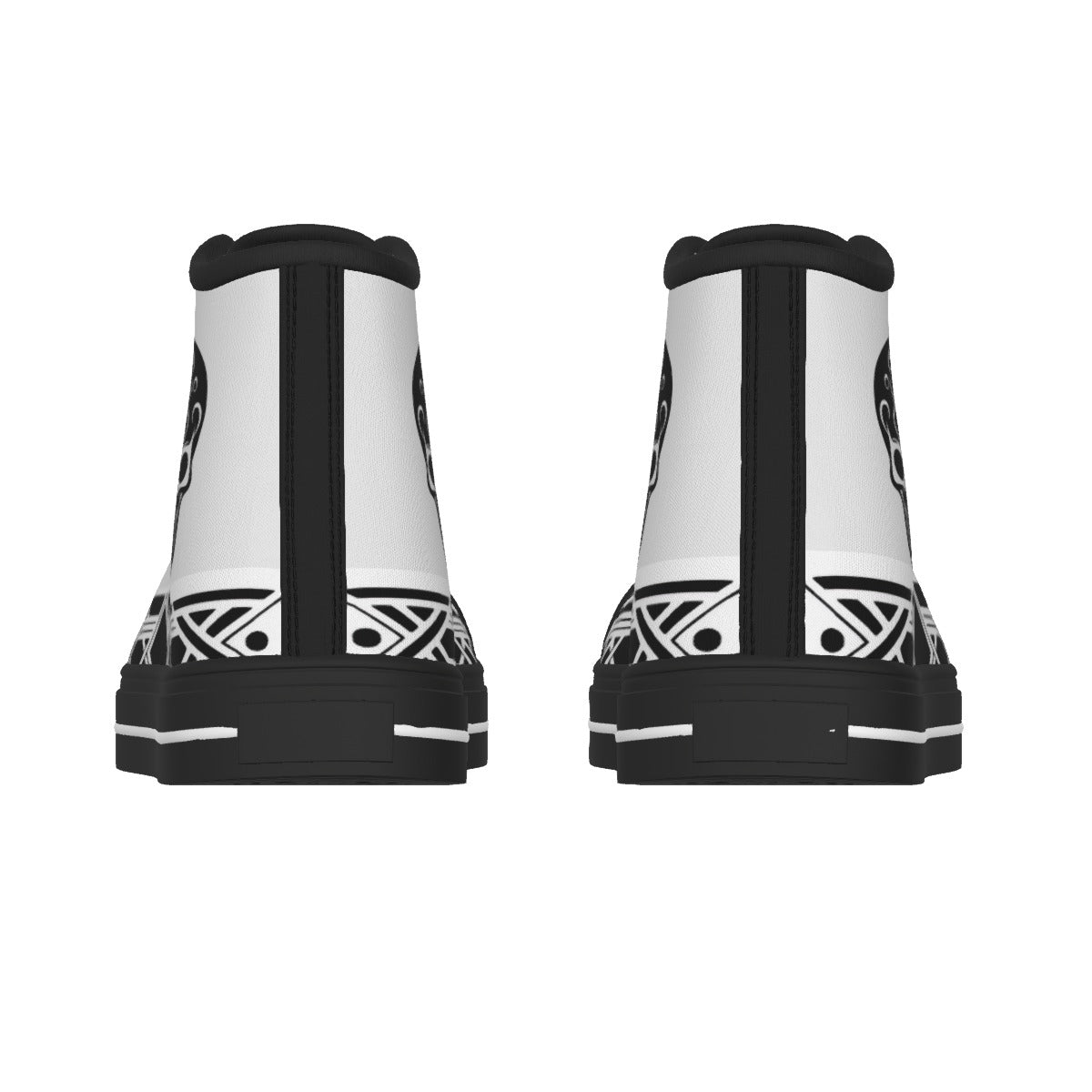 White high-top sneakers with black laces and soles on a white background
