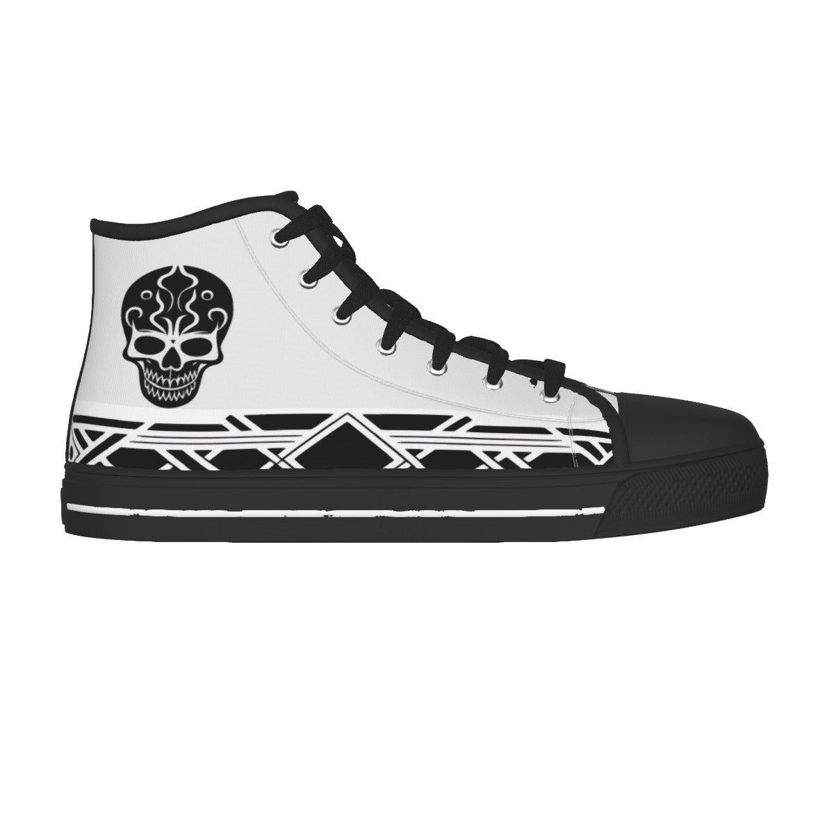 A high-top sneaker with a white canvas upper, black laces, a black rubber toe cap and sole, and a black geometric tribal-style stripe pattern along the side. A black sugar skull graphic is printed on the side panel.