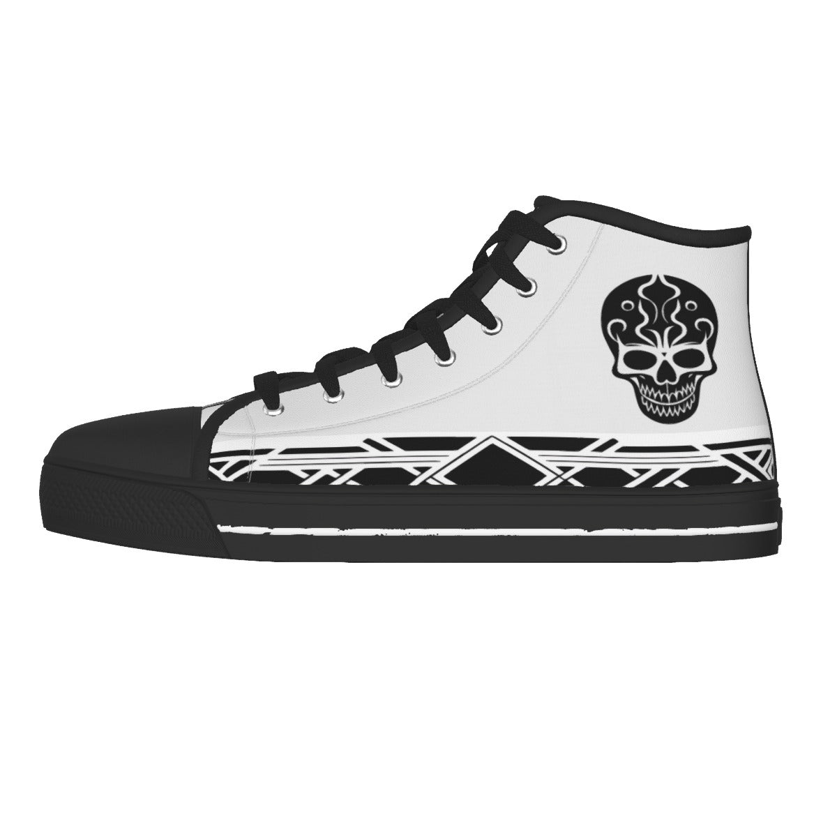 A high-top sneaker with a white canvas upper, black rubber toe cap and sole, black laces, and a black sugar skull graphic on the side.
