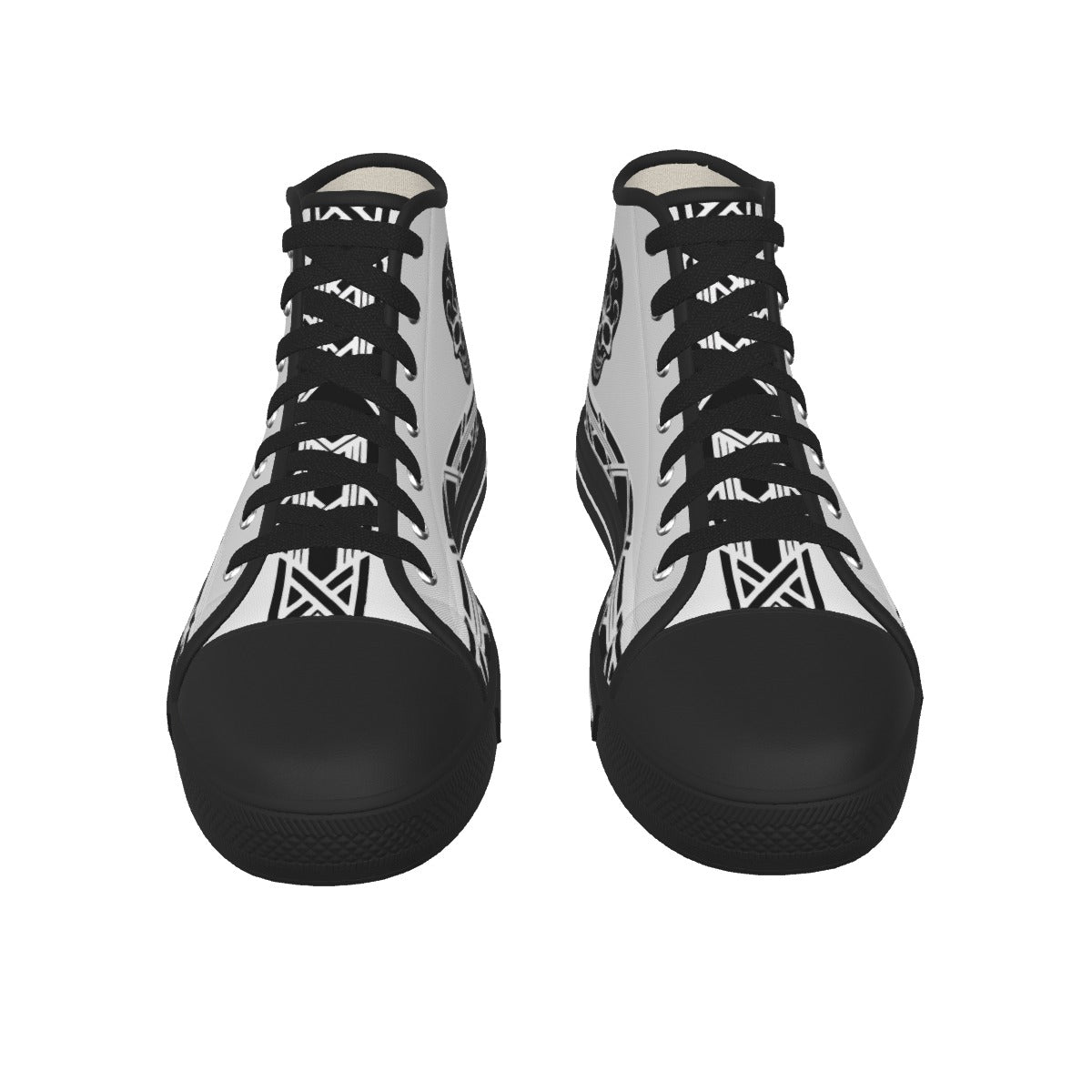 White high-top sneakers with black laces and soles on a white background