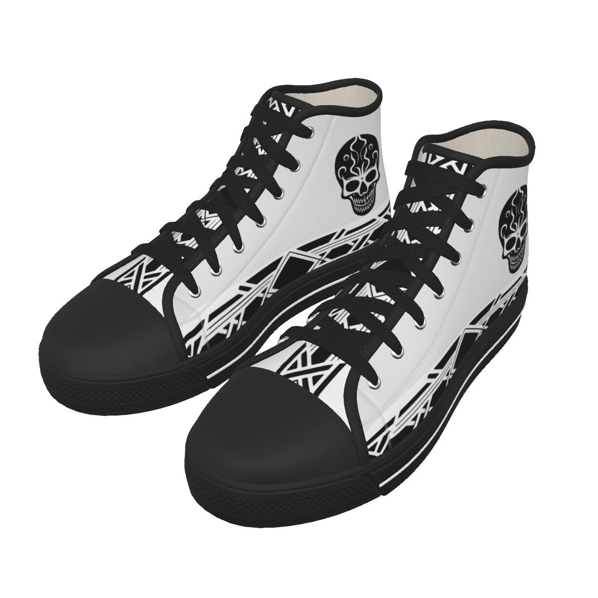 A pair of high-top sneakers in white and black, featuring a black skull graphic on the side, black laces, and black rubber toe caps and soles, shown against a plain white background.