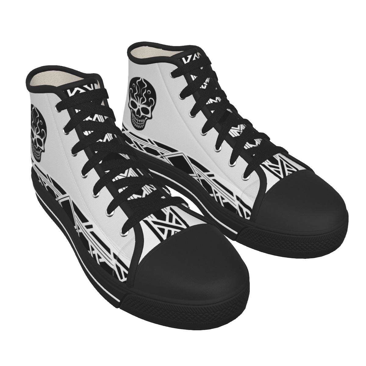 Black and white high-top sneakers with a logo on a white background