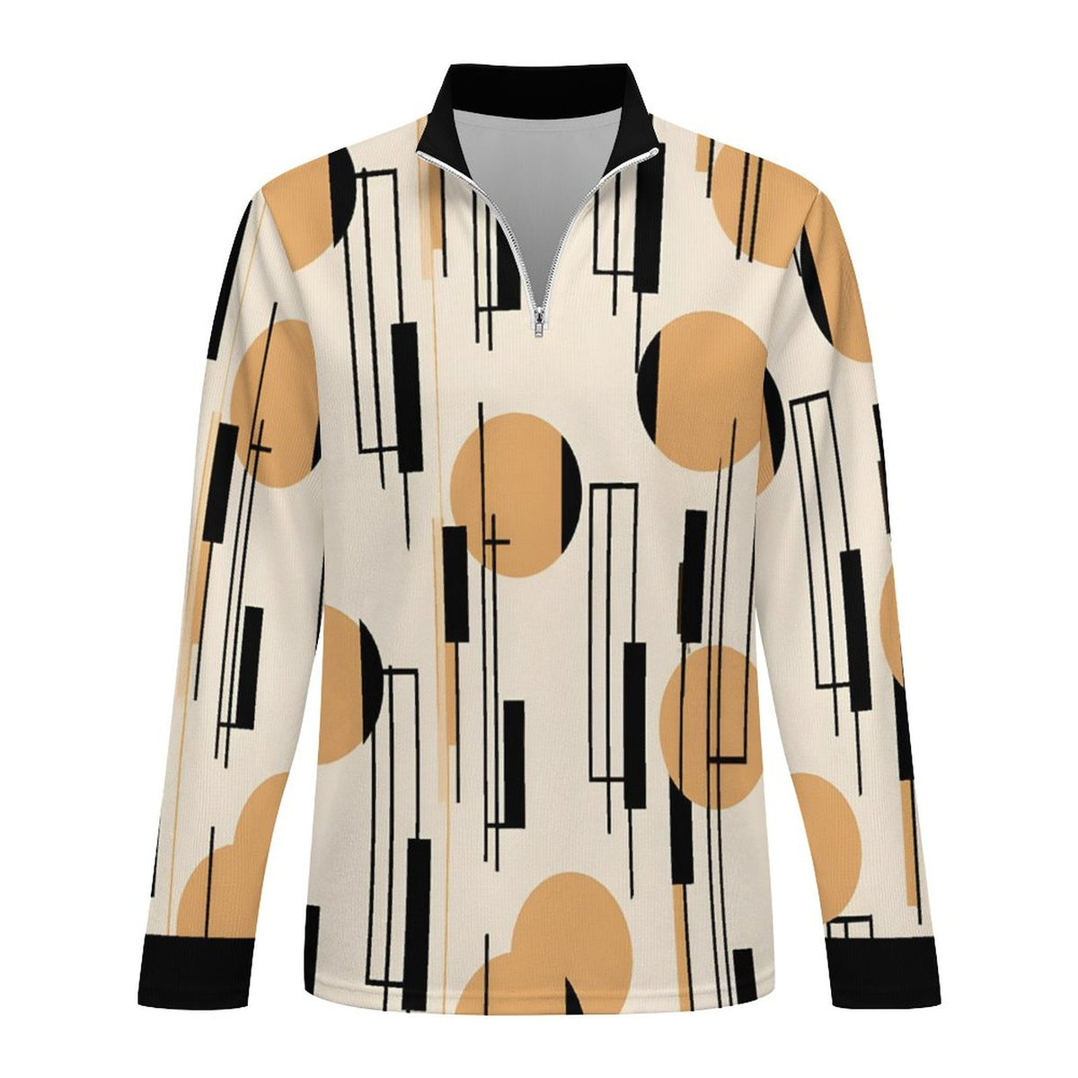 A long-sleeve quarter-zip pullover with a modern abstract geometric pattern featuring tan circles, black lines, and black collar/cuff accents on a cream background.