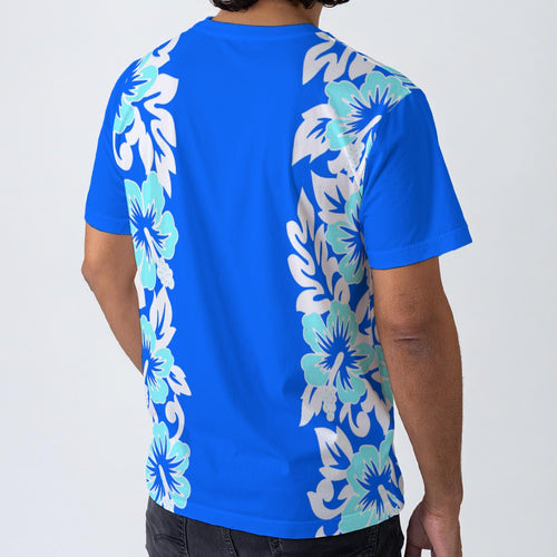 A man wearing a bright blue short-sleeve t-shirt with vertical white and light blue floral patterns down the sides, shown from the back against a light gray background.