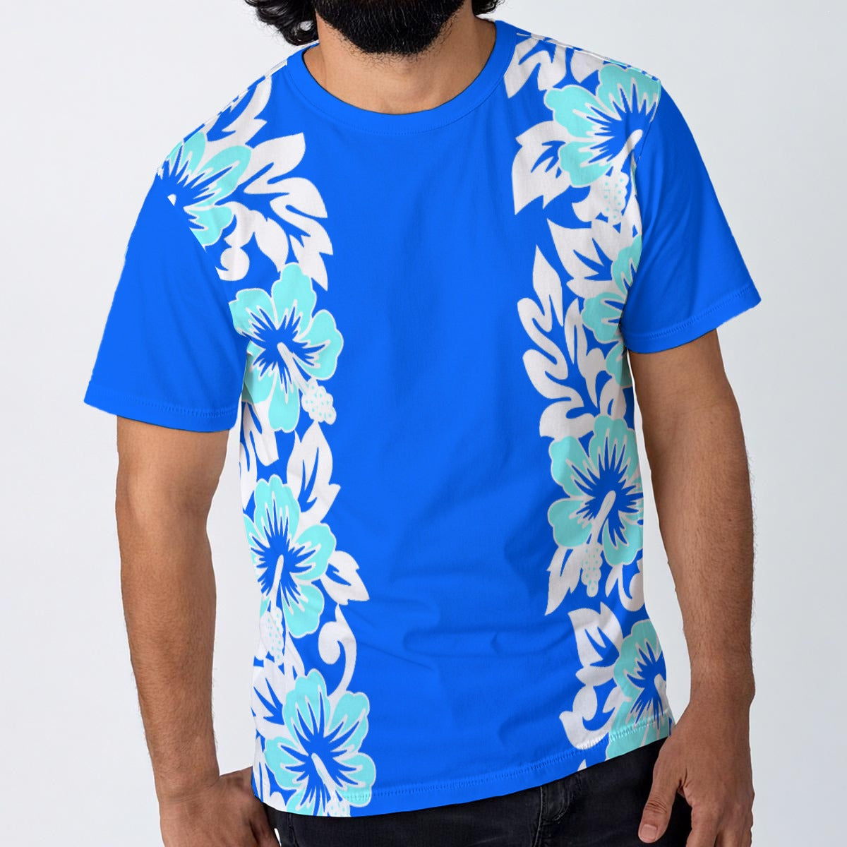 A man wearing a bright blue short-sleeve t-shirt with vertical white and light blue floral patterns on the sides, shown from the neck down against a light gray background.