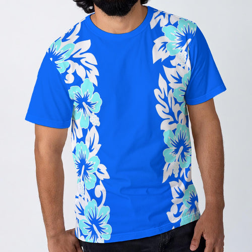 A man wearing a bright blue short-sleeve t-shirt with vertical white and light blue floral patterns on the sides, shown from the neck down against a light gray background.