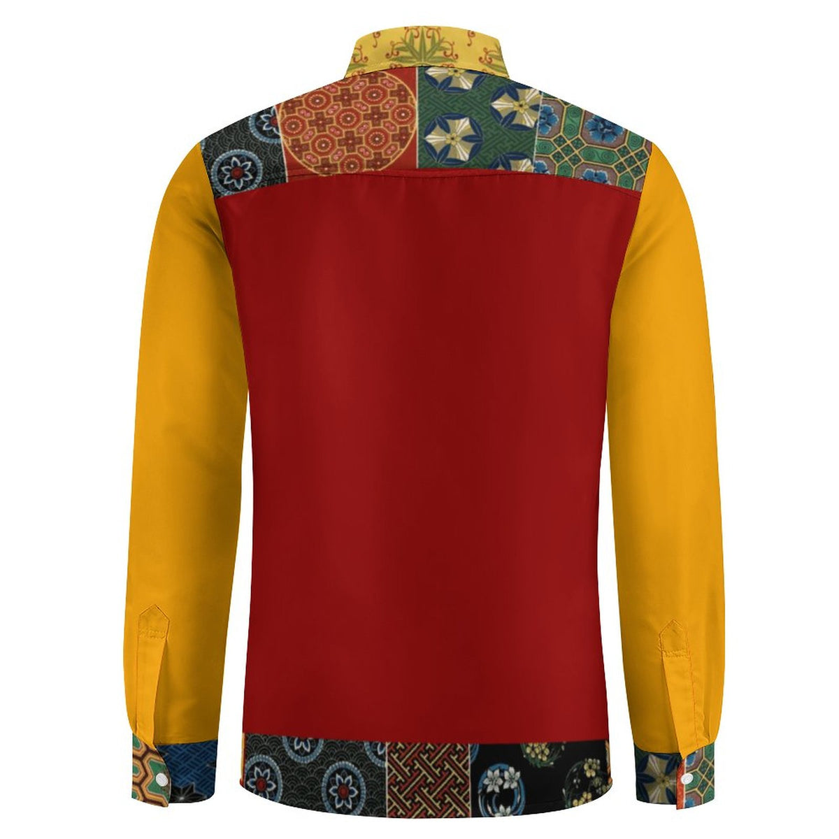 A men's long-sleeve button-up shirt shown from the back, featuring a solid red back panel, mustard yellow sleeves, and a decorative multicolor patchwork pattern across the shoulders and cuffs.