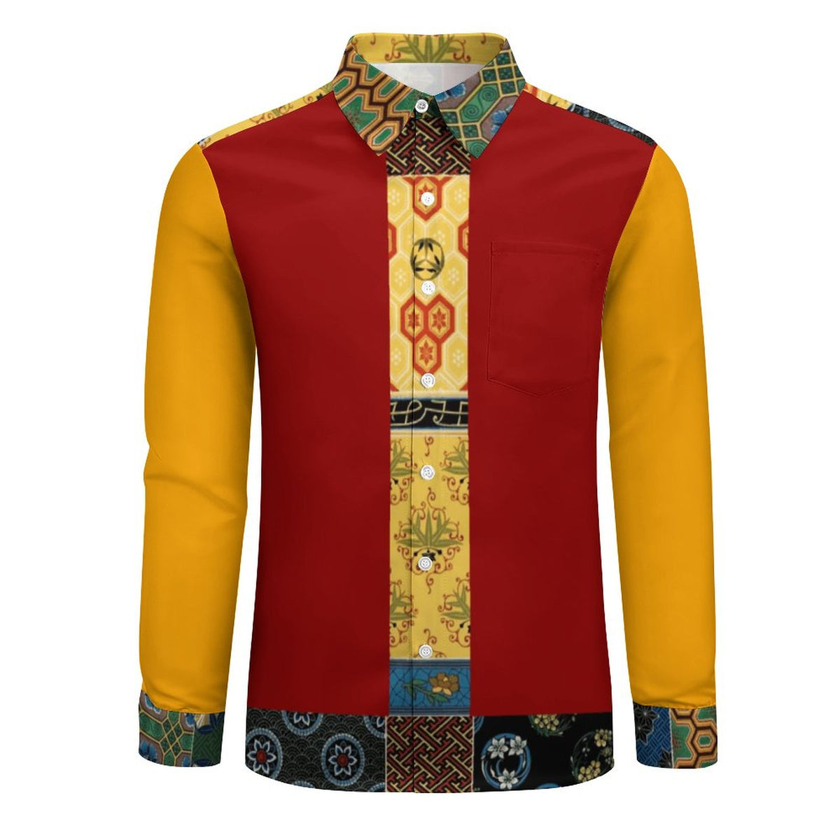 A long-sleeve button-up shirt with a bold color-blocked patchwork design. The body is deep red, the sleeves are mustard yellow, and the vertical placket and collar features intricate geometric and tribal patterns in yellow, green, blue, and red.
