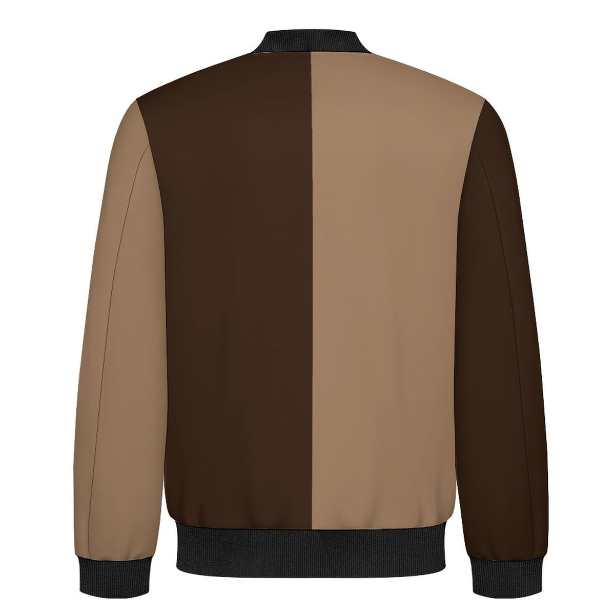 A colorblock bomber jacket shown from the back, featuring a vertical split design with dark brown and tan panels, finished with black ribbed trim at the collar, cuffs, and hem.