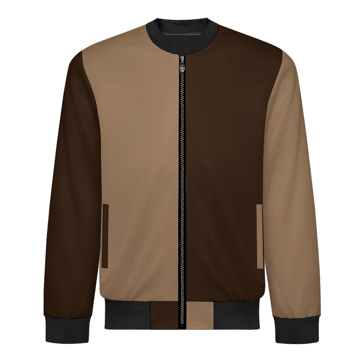 A color-blocked bomber jacket with a tan chest and upper sleeves, dark brown lower sleeves and side panels, and black ribbed collar, cuffs, and hem, shown on a plain white background.