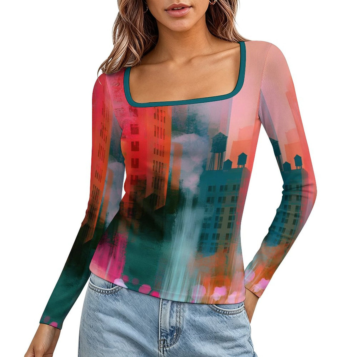 A woman wearing a long-sleeve scoop-neck top with an abstract cityscape print in pink, teal, orange, and red tones, paired with light blue jeans against a plain white background.