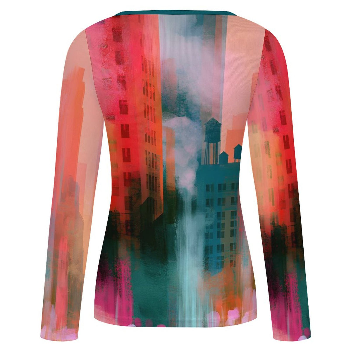 A long-sleeve crewneck top featuring an abstract, painterly cityscape print with vertical buildings in shades of teal, pink, coral, and orange, shown against a plain white background.