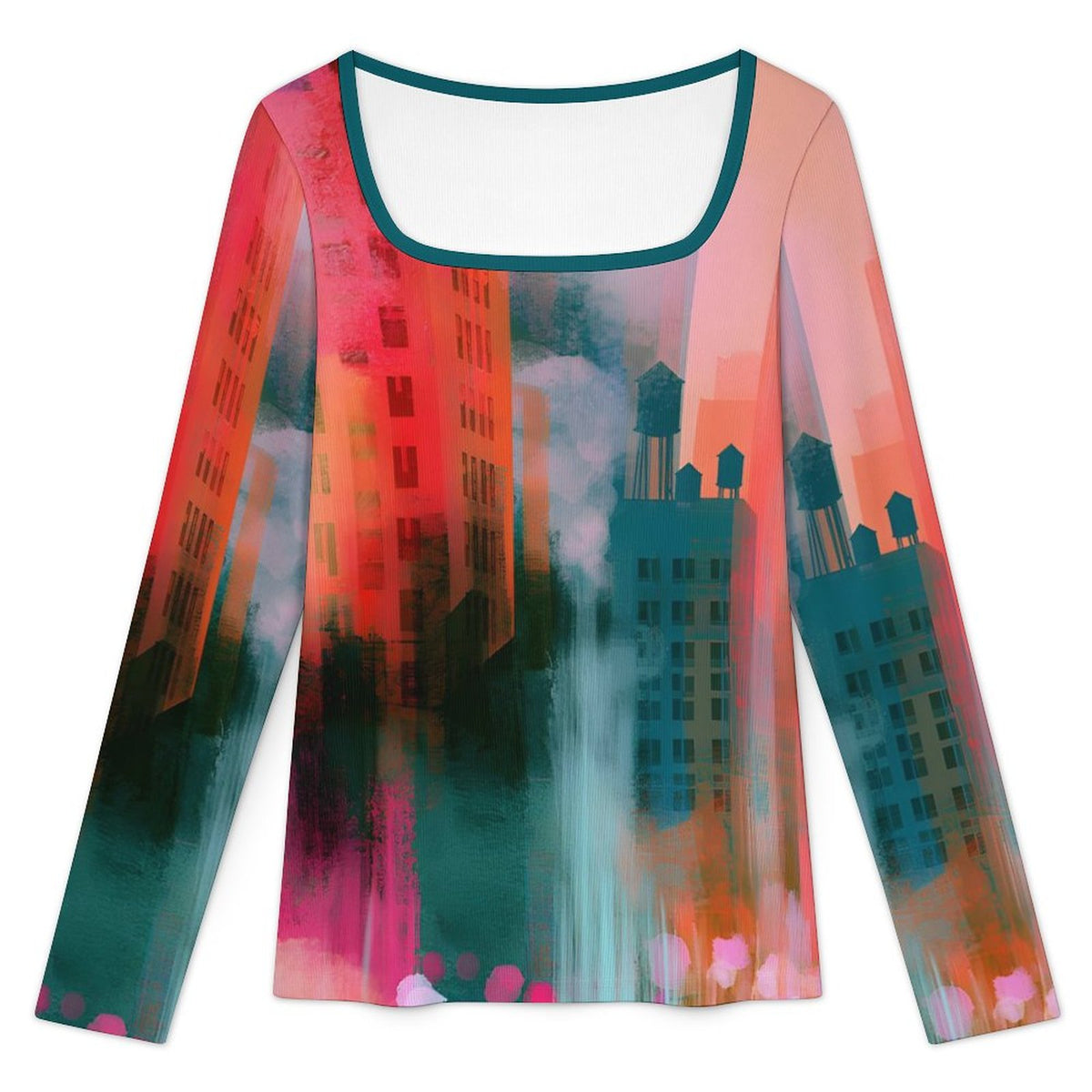 A women's long-sleeve scoop-neck top with an abstract cityscape print in shades of teal, pink, orange, and dark green, shown on a plain white background.
