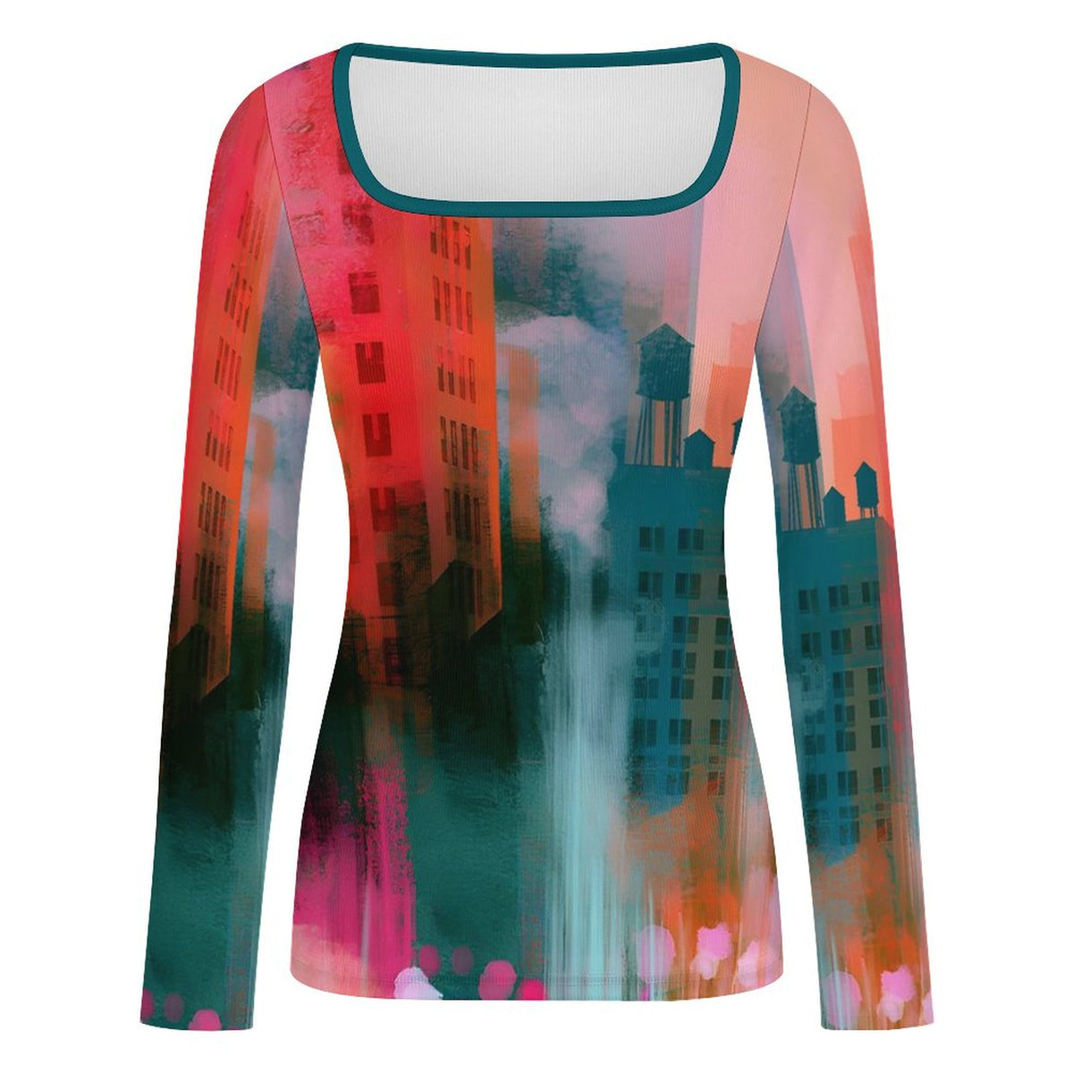 A women's long-sleeve scoop-neck top with an abstract watercolor cityscape print in pink, teal, orange, and dark green tones, shown on a plain white background.