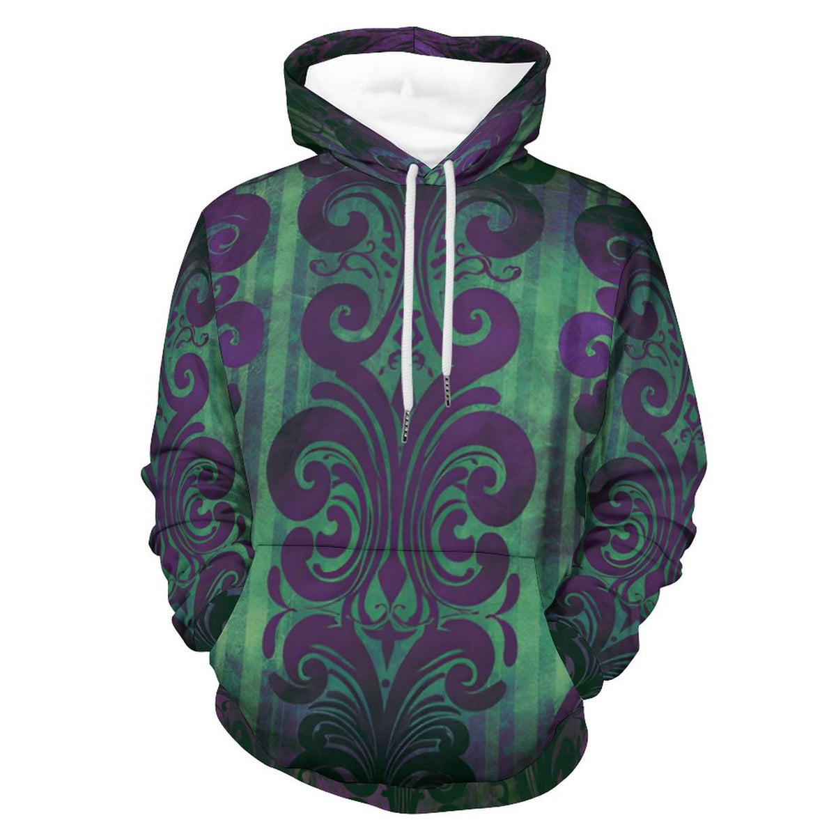 A pullover hoodie with a green and purple damask pattern, featuring a white hood lining and white drawstrings, shown against a plain white background.