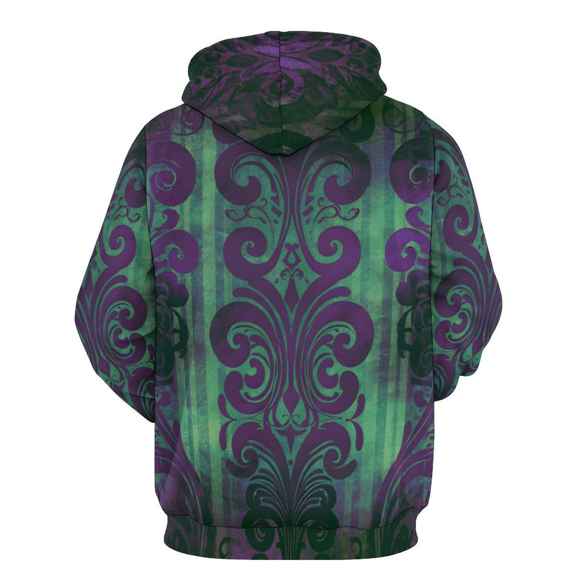 A hooded sweatshirt shown from the back, featuring an all-over ornate damask-style pattern in purple and dark green on a vertically striped background.