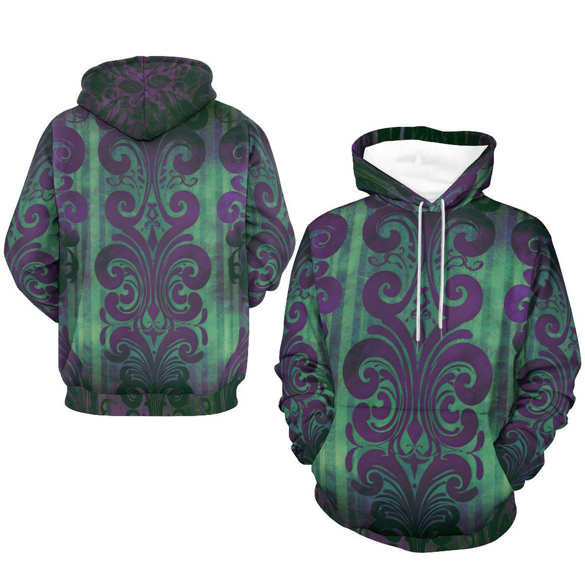 A pullover hoodie shown from the front and back, featuring an all-over green and purple damask pattern with a white hood lining and white drawstrings, displayed on a plain white background.