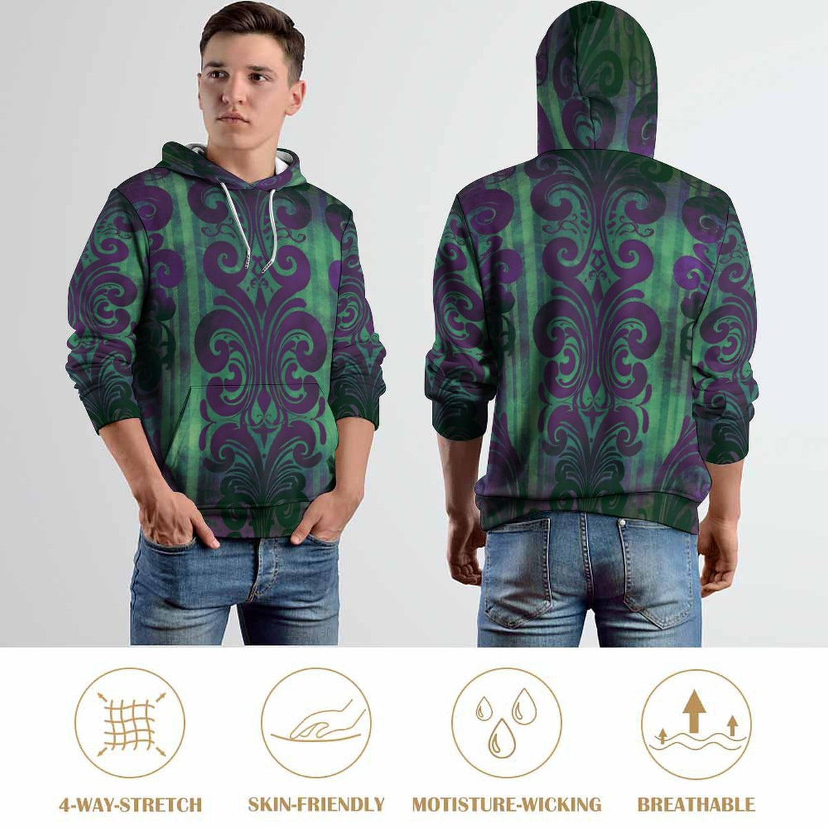 A man modeling a green and purple damask-patterned hoodie, shown from both the front and back views. The image includes four feature icons at the bottom highlighting 4-way stretch, skin-friendly texture, moisture-wicking, and breathability.