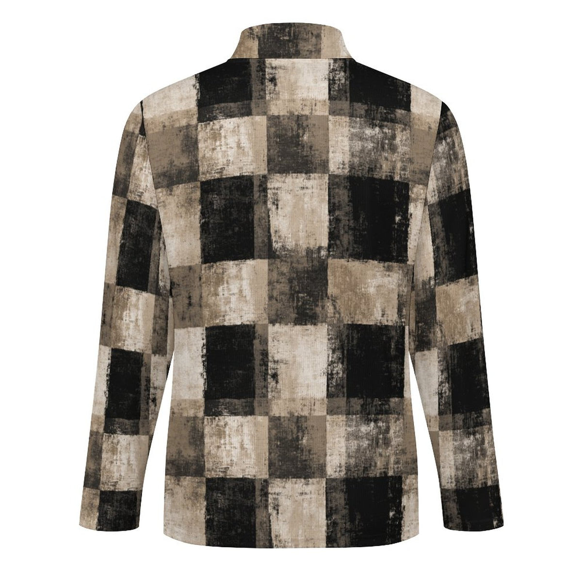 A long-sleeve collared shirt with a distressed, vintage-style checkered pattern in black, beige, and brown, shown against a plain white background.