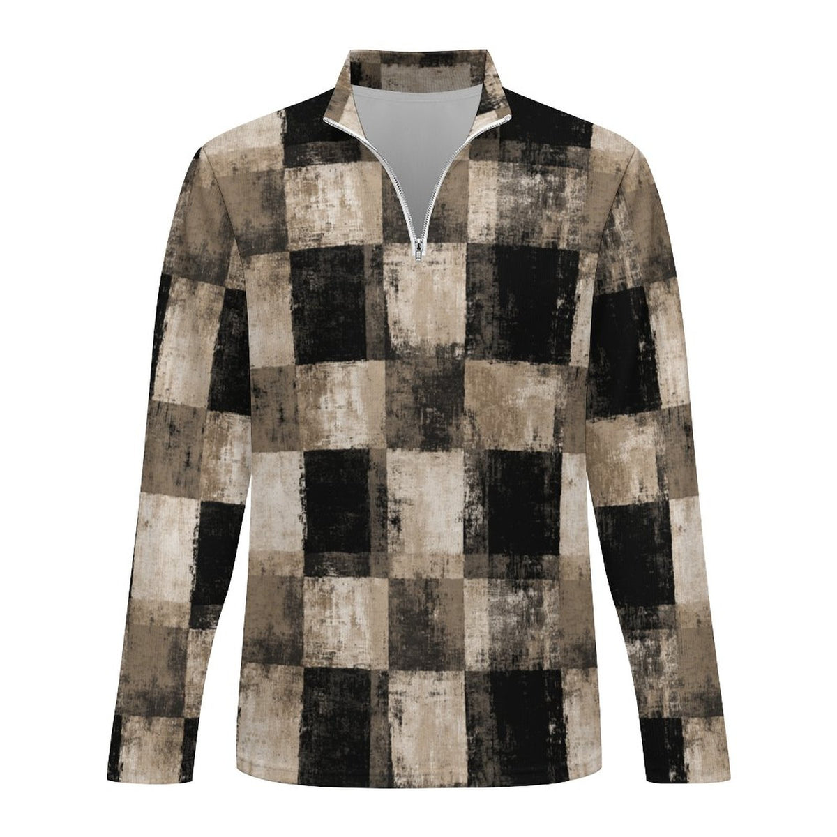 A long-sleeve quarter-zip pullover sweatshirt featuring a distressed, vintage-style buffalo plaid pattern in black, beige, and brown tones, shown against a plain white background.