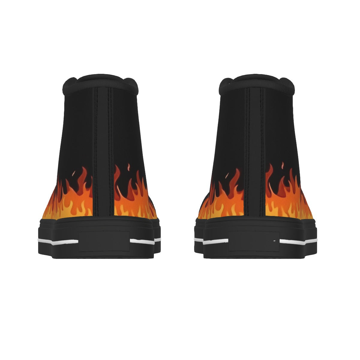 A pair of black high-top sneakers shown from the back, featuring a vibrant orange and yellow flame graphic printed around the midsection, set against a plain white background.