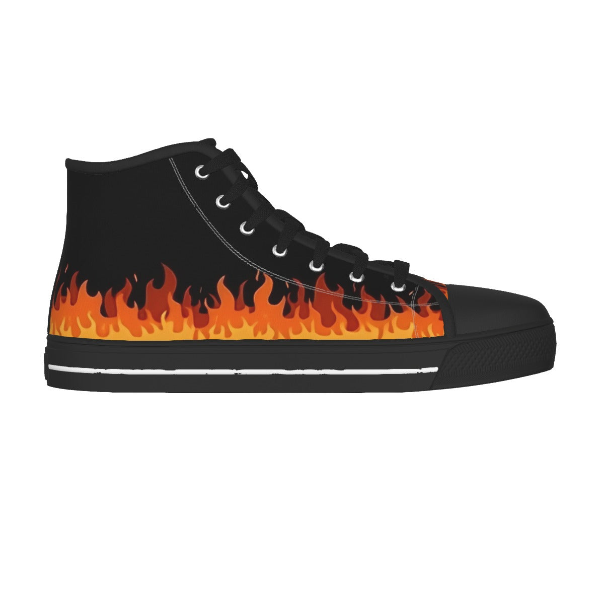 A black high-top sneaker featuring a vibrant orange and yellow flame graphic along the side, with black laces and a black rubber sole.