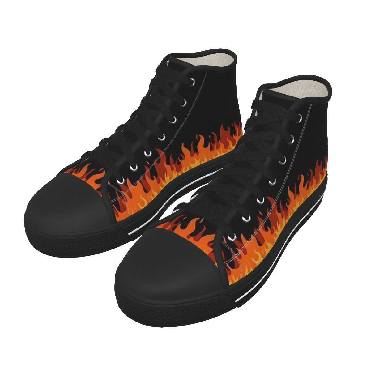 A pair of black high-top canvas sneakers featuring a vibrant orange and yellow flame graphic running along the side, set against a plain white background.